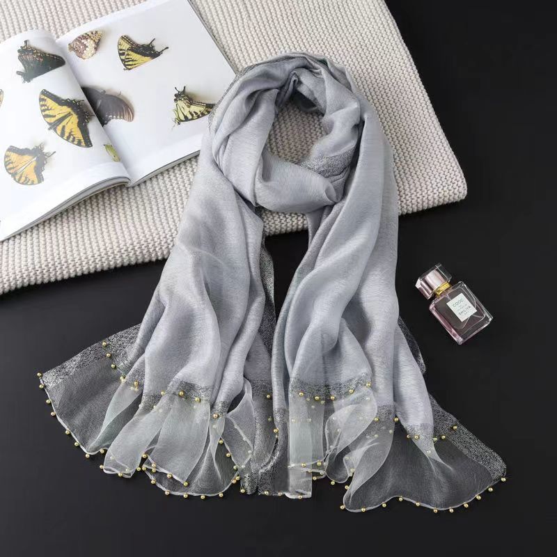 Bufanda Nueva para Mujer Chal Fino con Cuentas Color Sólido Alambre Dorado Bufanda de Gasa Personalizada Bufanda de Seda Imitación Primavera y Otoño