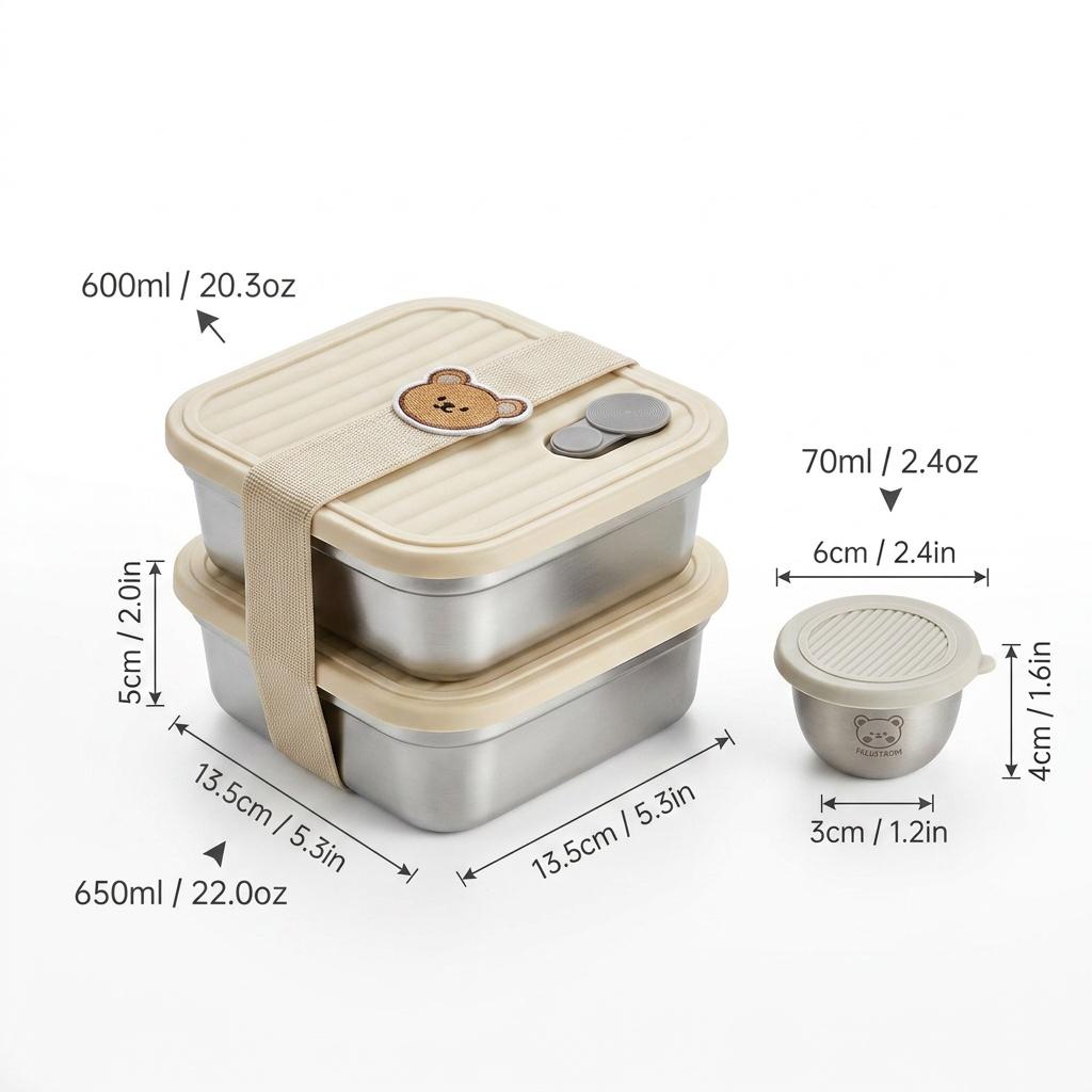 Reusable Bento Lunch Box For Students 304 Stainless Steel Fruit Salad Food Container With Sauce Box Dishwasher&Microwave Safe