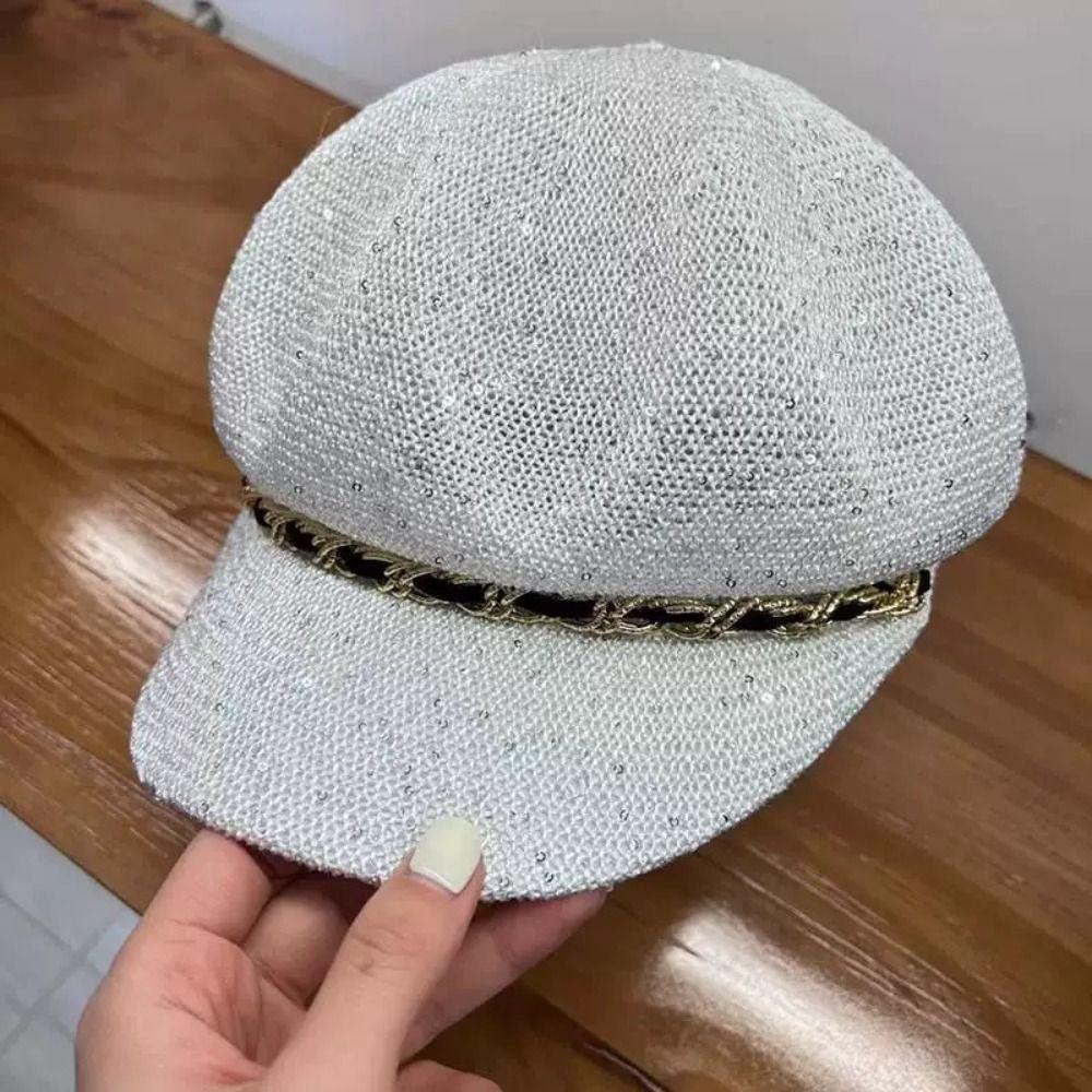 Leather Buckle Breathable Hat Woven Straw Peaked Cap New Style Hollow Octagonal Hat  Spring Summer