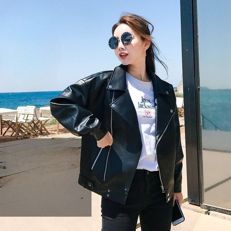 Fashionable Loose Short PU Leather Biker Jacket for Women Students Korean Style Thick Fleece Lined Slimming Outerwear for Autumn Winter