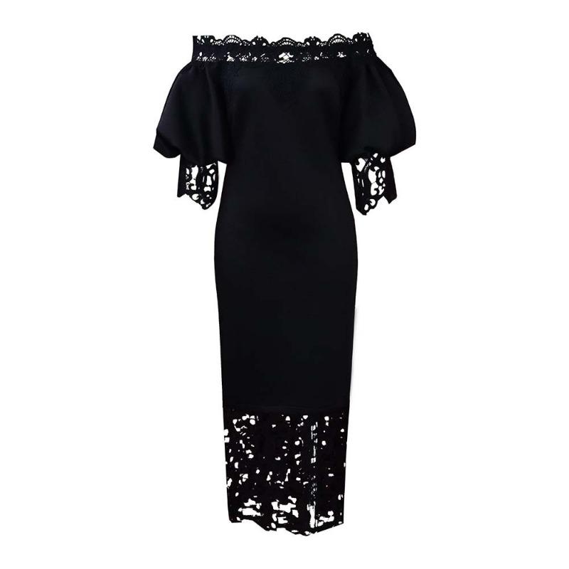 Plus Size Women Lace Spliced One Shoulder Lantern Sleeve Bridesmaid Midi Dress