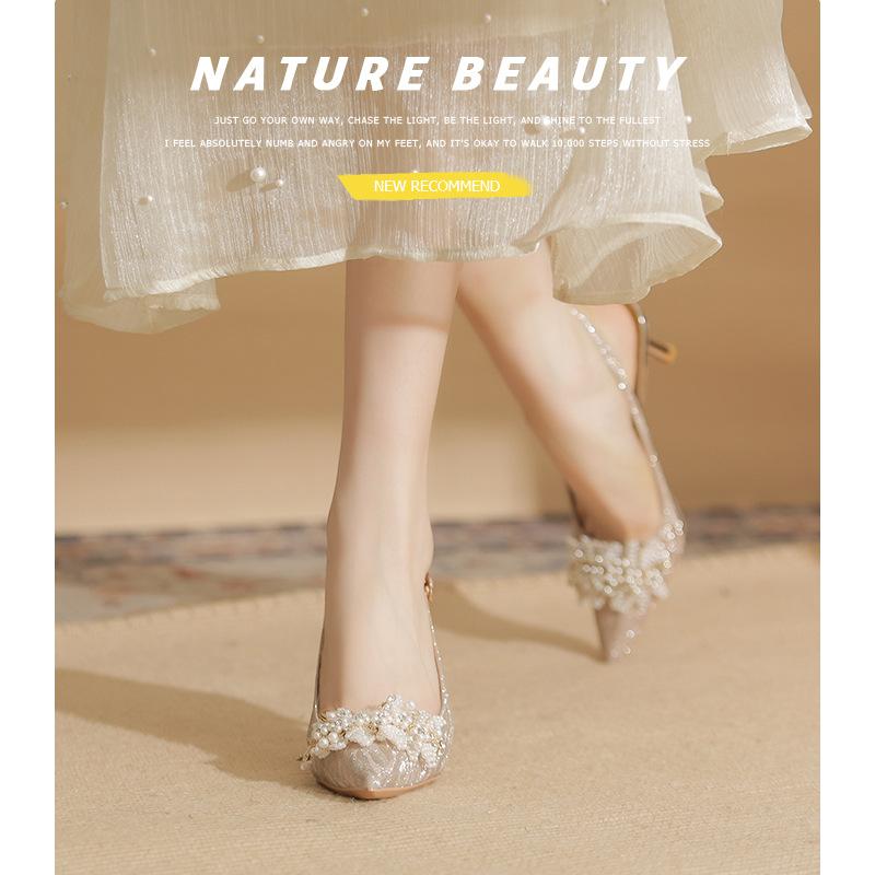 7520-3 [sheepskin] high heels women's thin heels 2025 new pointed crystal wedding shoes bag head pearl sandals