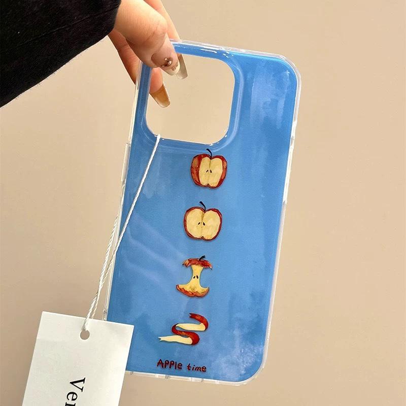 Ins-Style Cartoon Apple Pattern iPhone Case for 15/16/17 Pro Max - Drop-proof Soft Case with Pendant.