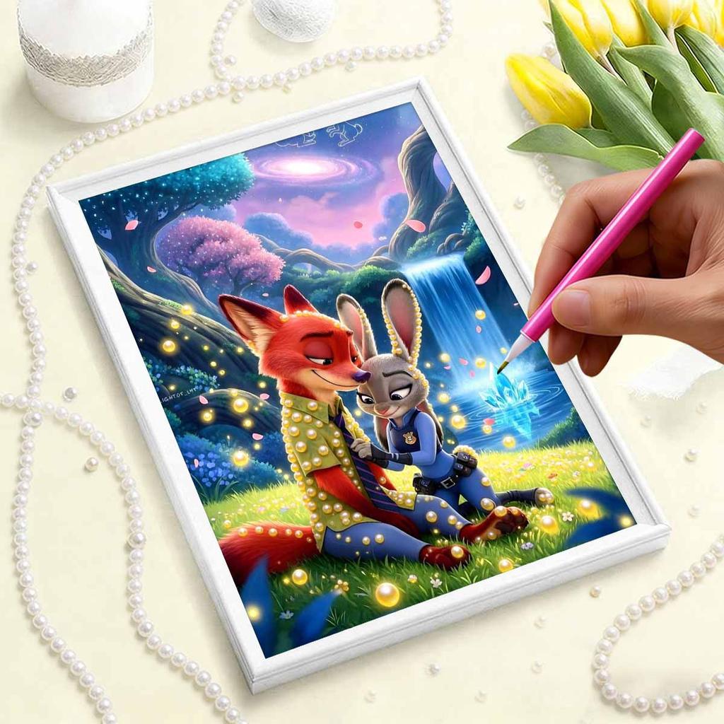 Disney Zoo Tycoon Starry Waterfall Decor with Judy and Nick the Fox Pearl Accents 5D Pearl Puzzle Embroidery Home Decor Handmade Gift