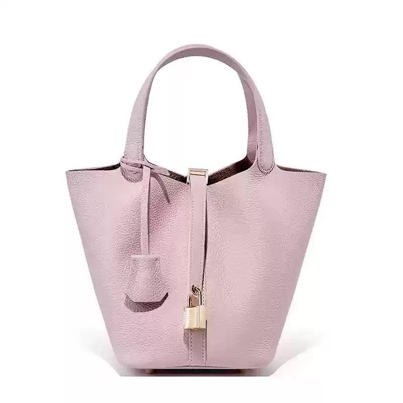 Genuine Leather Shoulder Bucket Bag Women Litchi Pattern Mini Basket Tote Soft Handbag Mommy Bride Wedding Bags with Lock