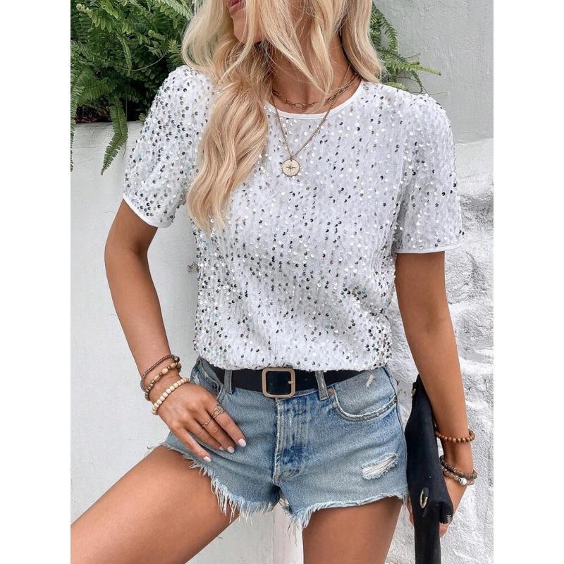 Sequined Crew Neck Summer Women Blouse Commuter Loose Short Sleeved Top Women's Casual Elegant T-shirt Fashion Simple Streetwear Sweet Simple Shirts
