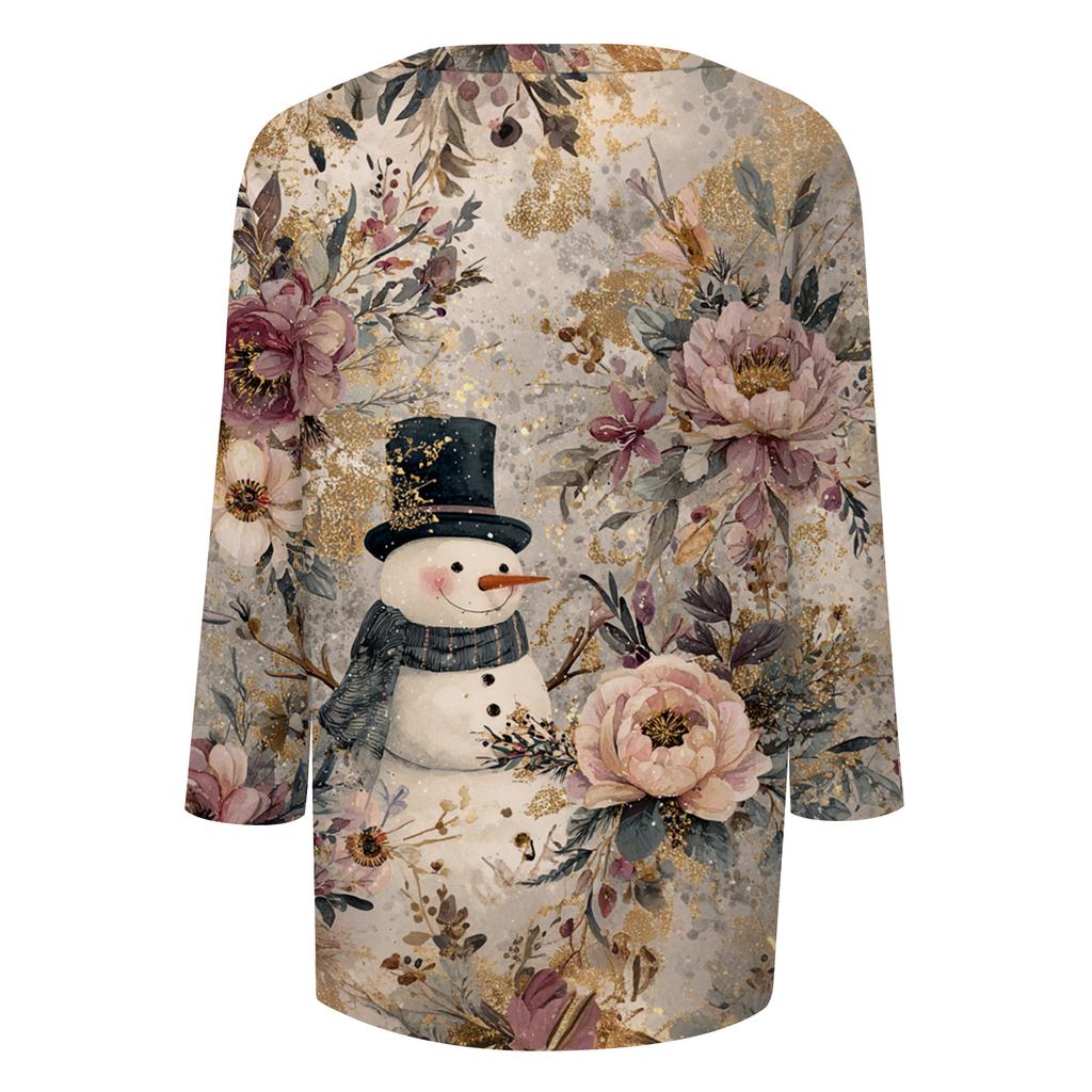 Women's Tops Three-quarter Sleeve Shirt V-neck Loose Casual Shirt Print T-shirt