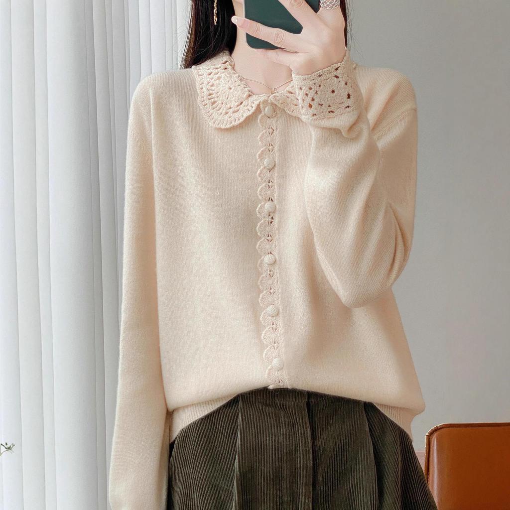 Women's Wool Polo Collar Cardigan: Fashionable, Versatile, Age-Reducing Cashmere for Autumn/Winter.