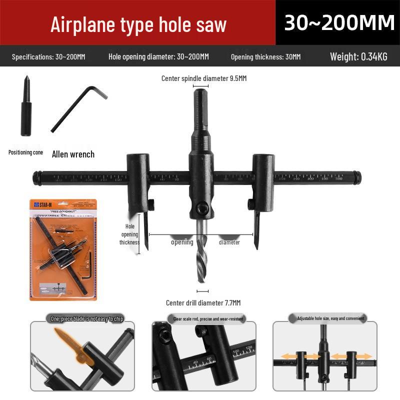 Adjustable Aircraft Hole Saw for Wood, Gypsum, Plastic, with Drill Bit Ejector