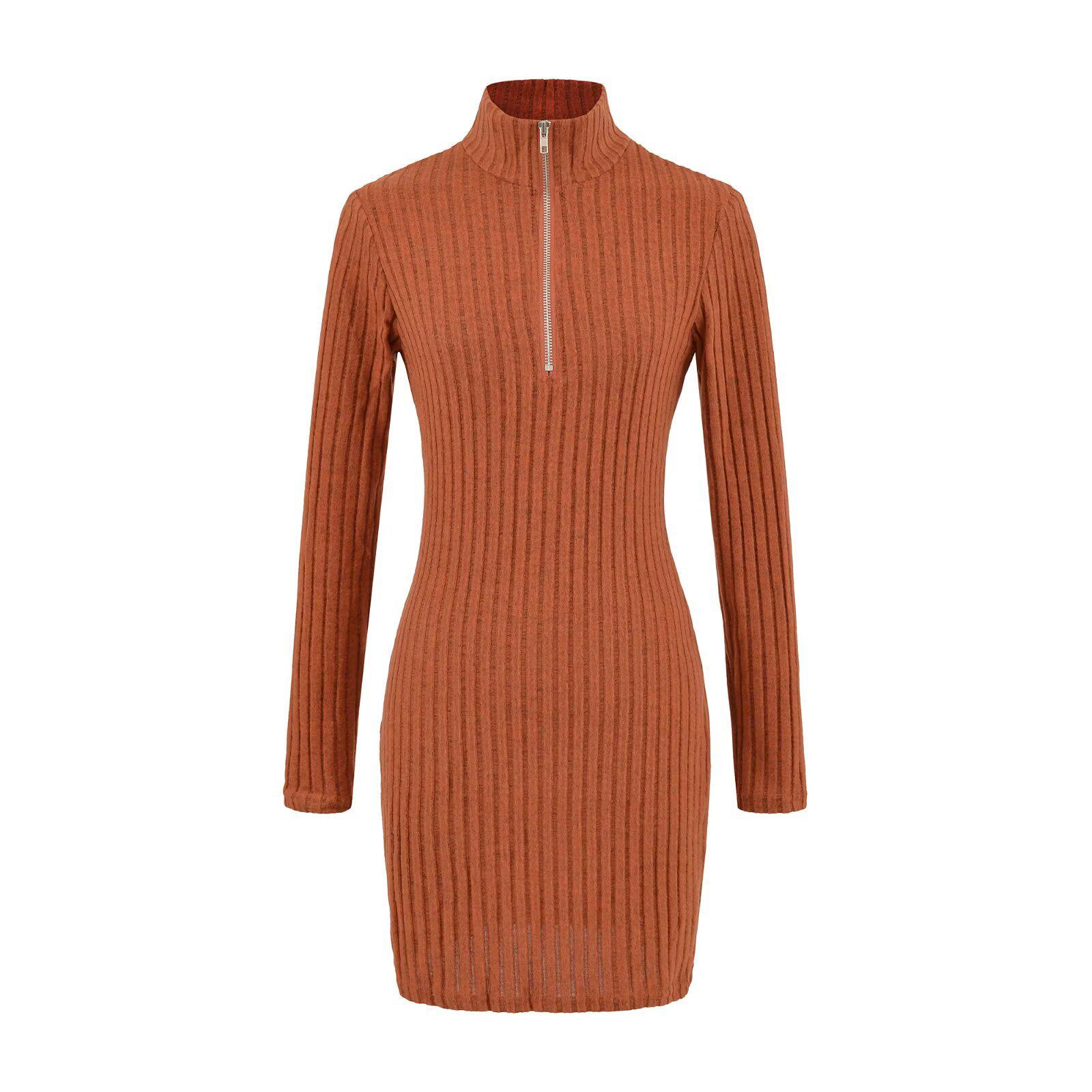 YPFF Trendy High Neck Half Zip Bodycon Dress - Waist-Cinched Long Sleeve Knit Skirt Small оранжевый