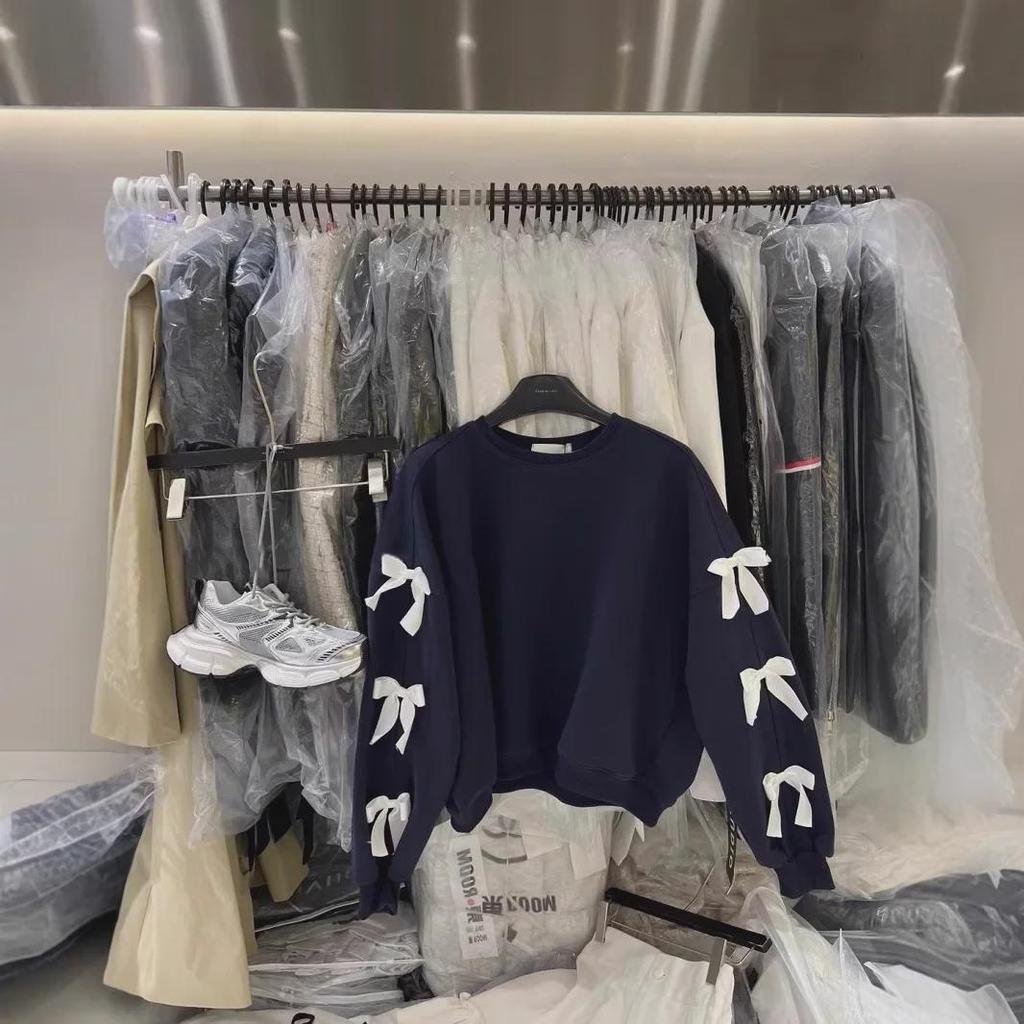 2024 Spring Korean Bow Tie Loose-Fit Sweatshirt – Long-Sleeved, Round Neck for Women