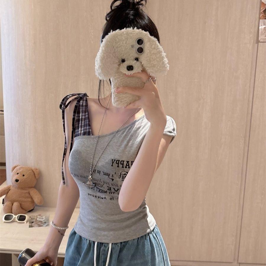 American Plaid Splicing Straps Slanted Shoulder Short-sleeved T-shirt Women's Summer New Thin Slim Versatile Spice Girl Top Trendy