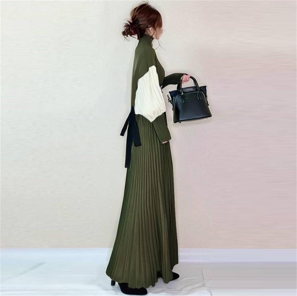 YUANYUAN Knit Winter Long Glue Puff Voluminous Loose Winter Sizes Women's Dress, Pleated, Wear, Length, Neck, Sleeves, Color-Matching, Ribbon,