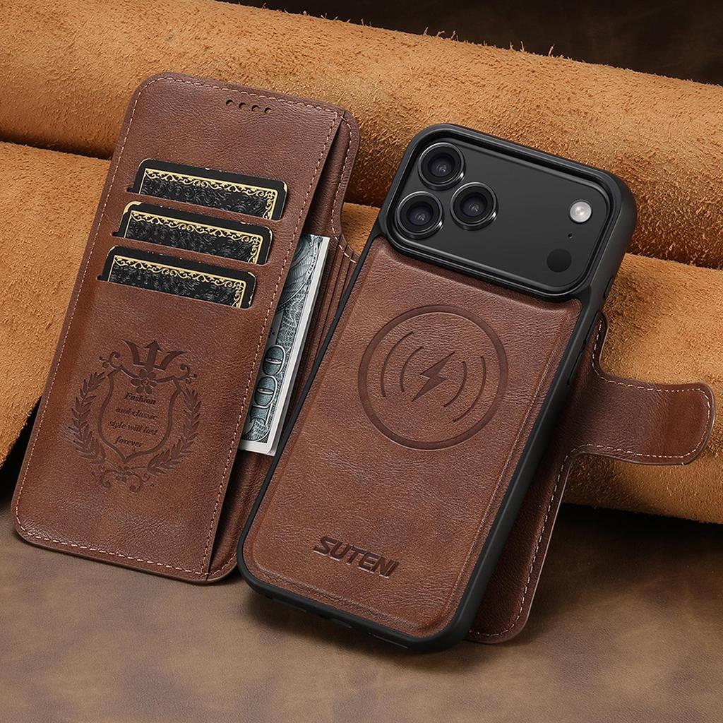 iPhone 17 Pro Max Flip Case with Card Slot, Magnetic Snap, Wireless Charging, Stand Function, and Leather Finish