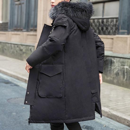 Men Down Jacket Fur Collar Hooded Long Sleeve Solid Color Winter Coat Zipper Placket Pockets Thickened Puffer Outwear