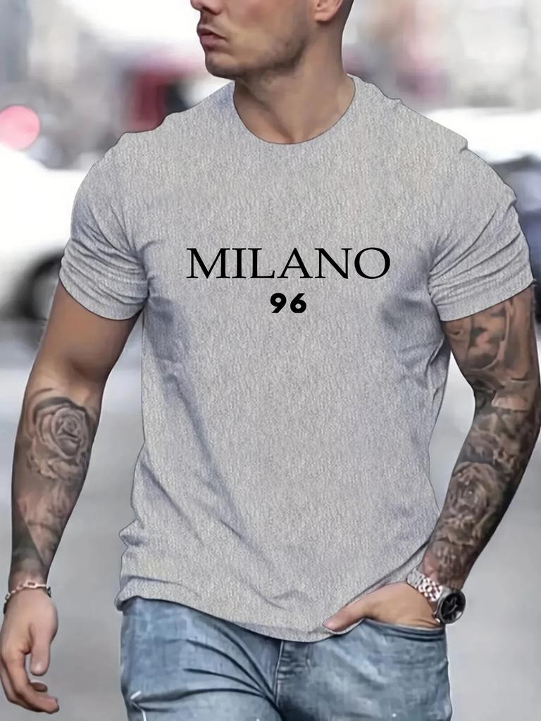 Men's 100% Cotton Summer Loose Size MILANO 96 Letter Printed Slim Fit Casual Sports Round Neck Short Sleeved T-shirt Top