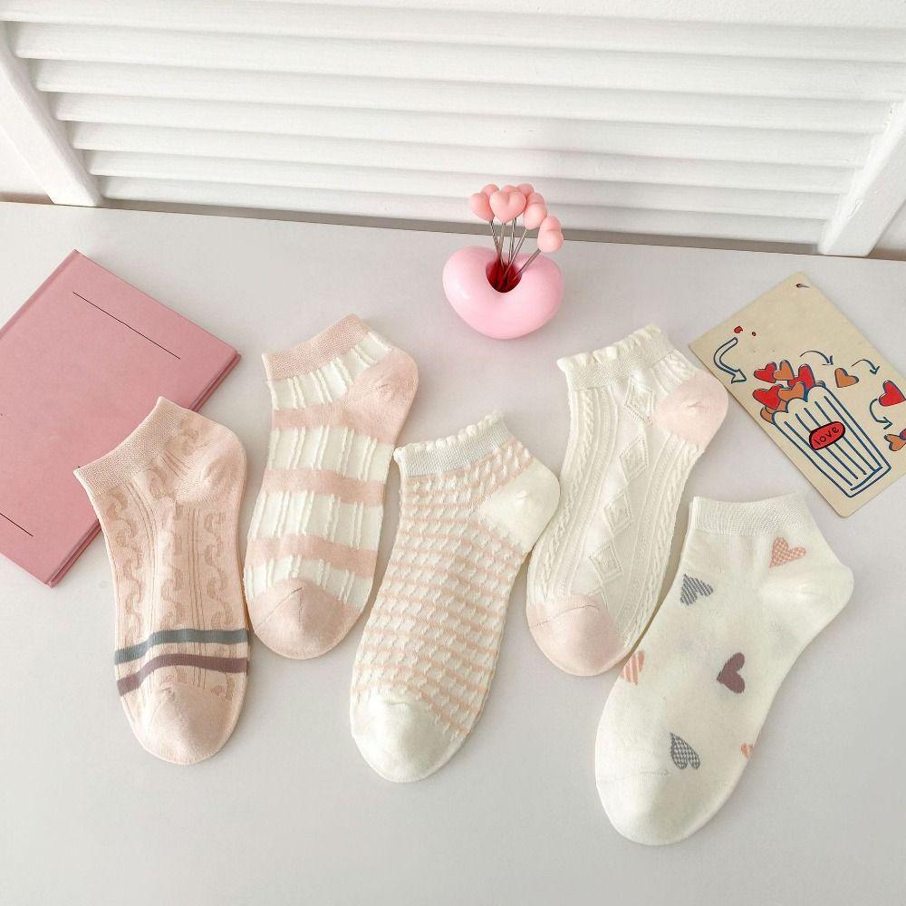 5 Paar Streifen Herz Kurze Socken Rüschen Kniestrümpfe Damen Niedlich Süß Knöchelsocken Mädchen