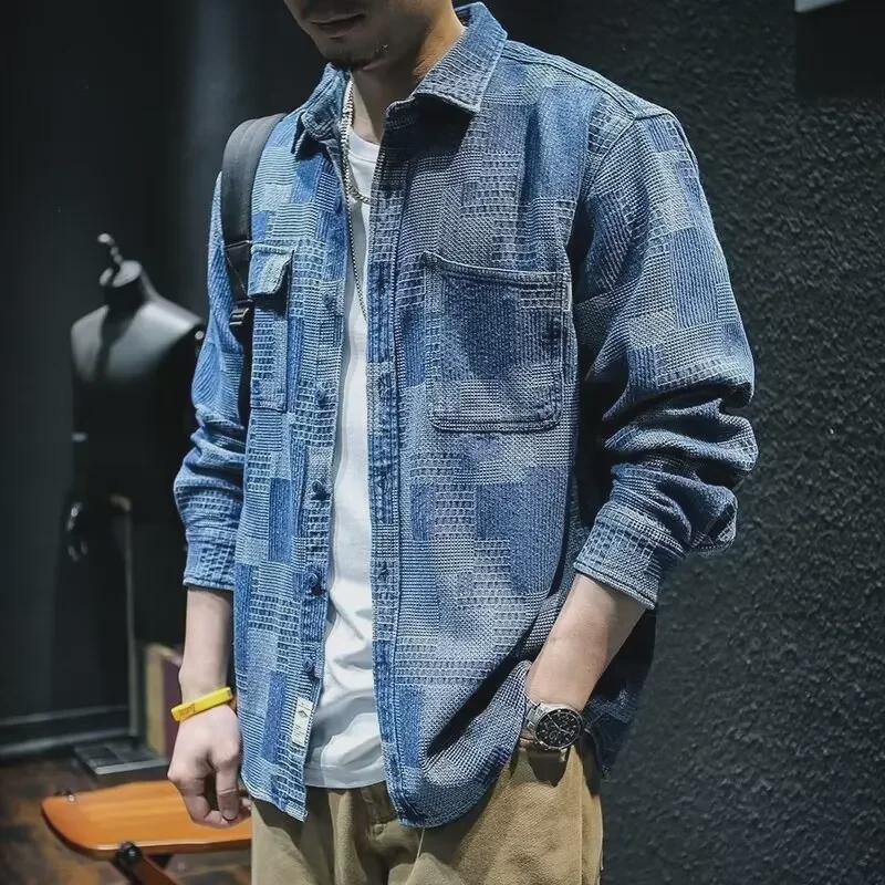 Men's Trendy Retro Plaid Jacquard Black Denim Shirt-Jacket, Autumn Loose Fit, Long-Sleeved, Casual Style.