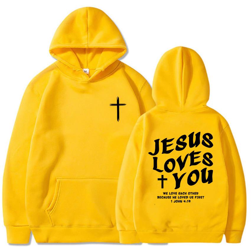 Jesus elsker deg Kristne bibelvers hettegensere Bokstavgrafikk trykk Sweatshirts Menn Kvinner Hettegensere Unisex topper