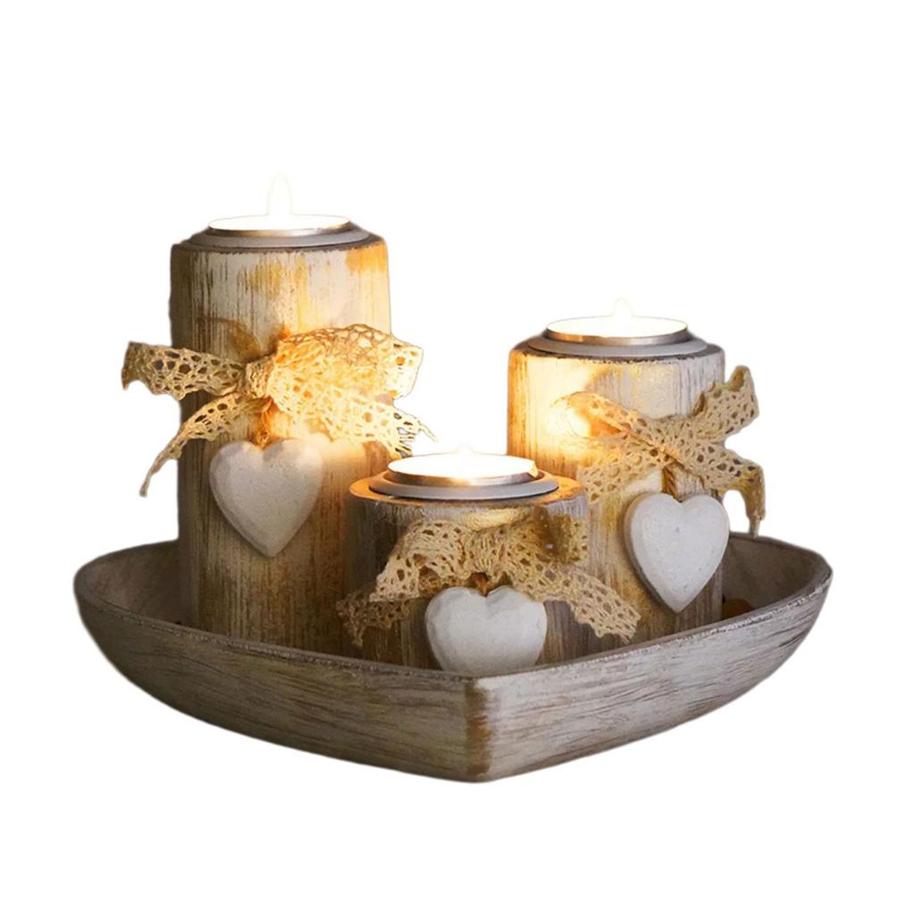 Decorative 3Pcs Wood Tealight Candle Holders with Heart Shape Tray for Dining Table Centerpieces and Living Room Decors