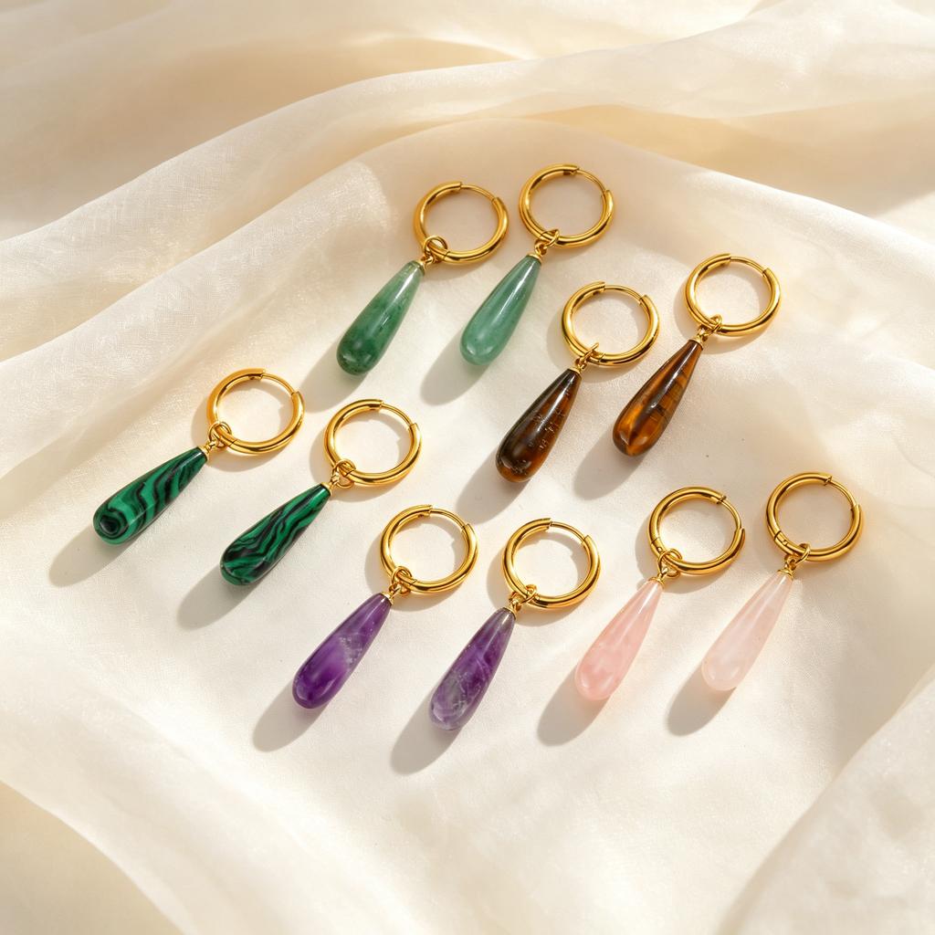 Fashion Crystal Drop Earrings for Women Natural Stone Waterdrop Long Pendant Earring Hypoallergenic Stainless Steel Boho Jewelry