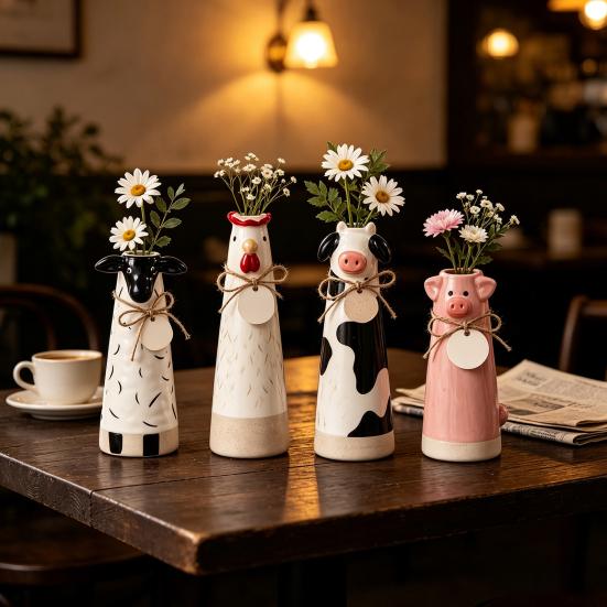 Healing Pastoral Style Gift Resin Cute Animal Vase, Farmhouse Decorative Flower Holder for Home Hand Carved Ornaments Office Decor, Pig/Cow/Sheep
