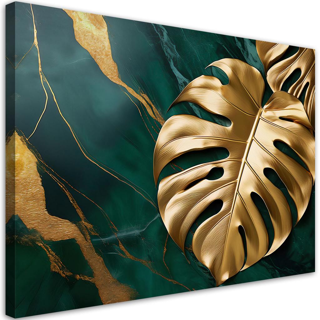 Canvas Print, Monstera Gold Leaf On Green Marble Background