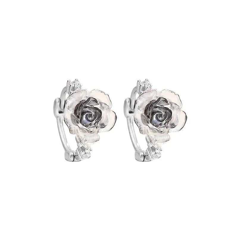 PONYKISS Silver Colorful Rose Cute Plant Stud Earring for Women Minimalist Fine Piercing Screw Bead Accessories