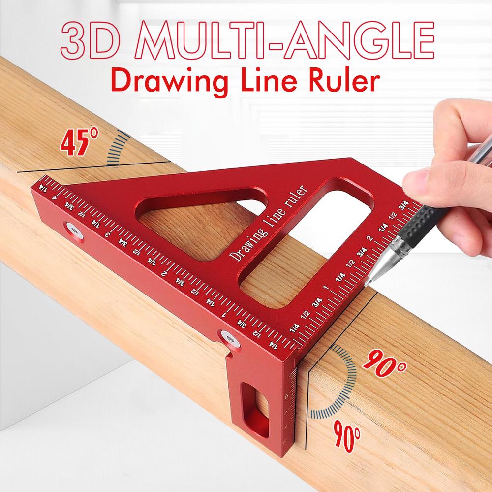 Aluminum Alloy Red Miter Triangle Ruler 45°/90° Woodworking Square Protractor - 3D Multi Angle Layout Measuring Tools