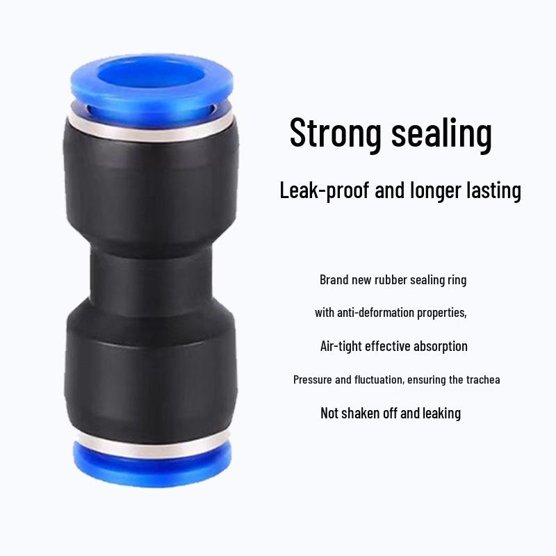 Pneumatic Air Tube Connector: PU8 Straight, PV10 Right-Angle Elbow, Quick-Insert, Butt Joint, Blue Plastic, PG6-4 Reducer.