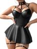 Exotic Leather Dress Women Erotic Apparel Plus Nightclub Stage Dancewear Deep V Babydoll Lingerie BDSM Role Play Maid Underwear