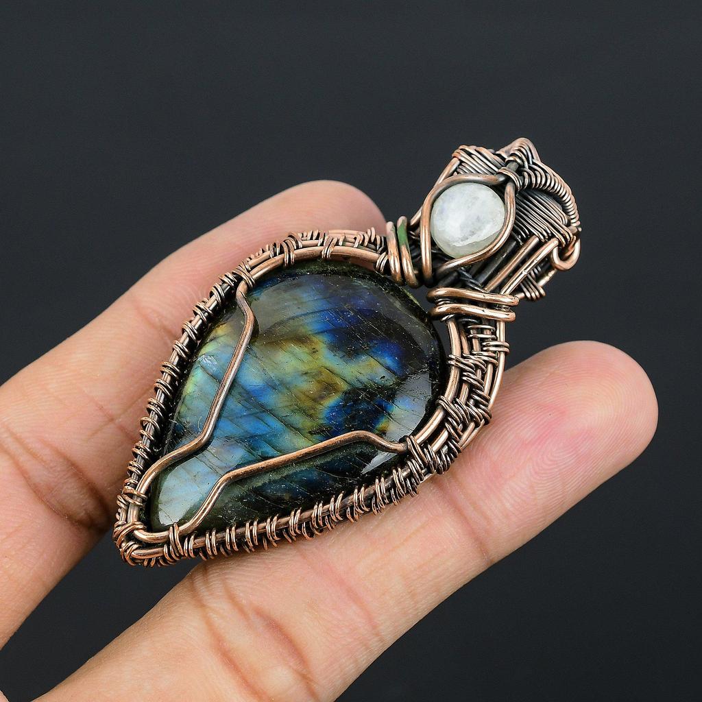 Labradorite & Rainbow Moonstone Pendant, Handmade Gemstone 999 Copper Wire Wrapped Pendant Antique Jewelry, For Gift Silver Jewelry