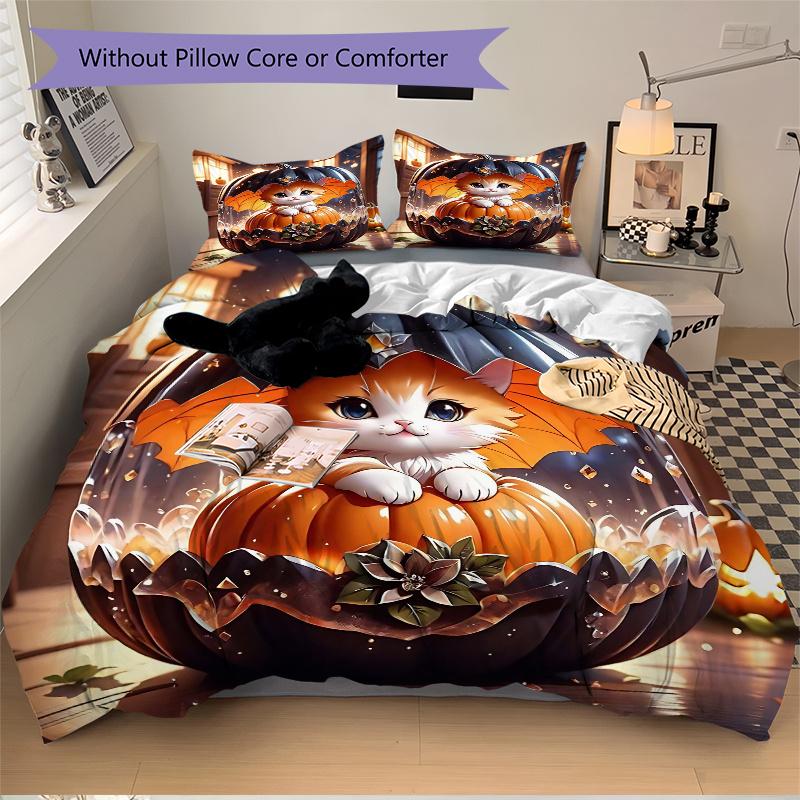 3pcs Orange Cat and Pumpkin Pattern Bedding Three-Piece Set (1 Cover + 2 Pillowcases, No Fillings),Soft and Comfortable N072