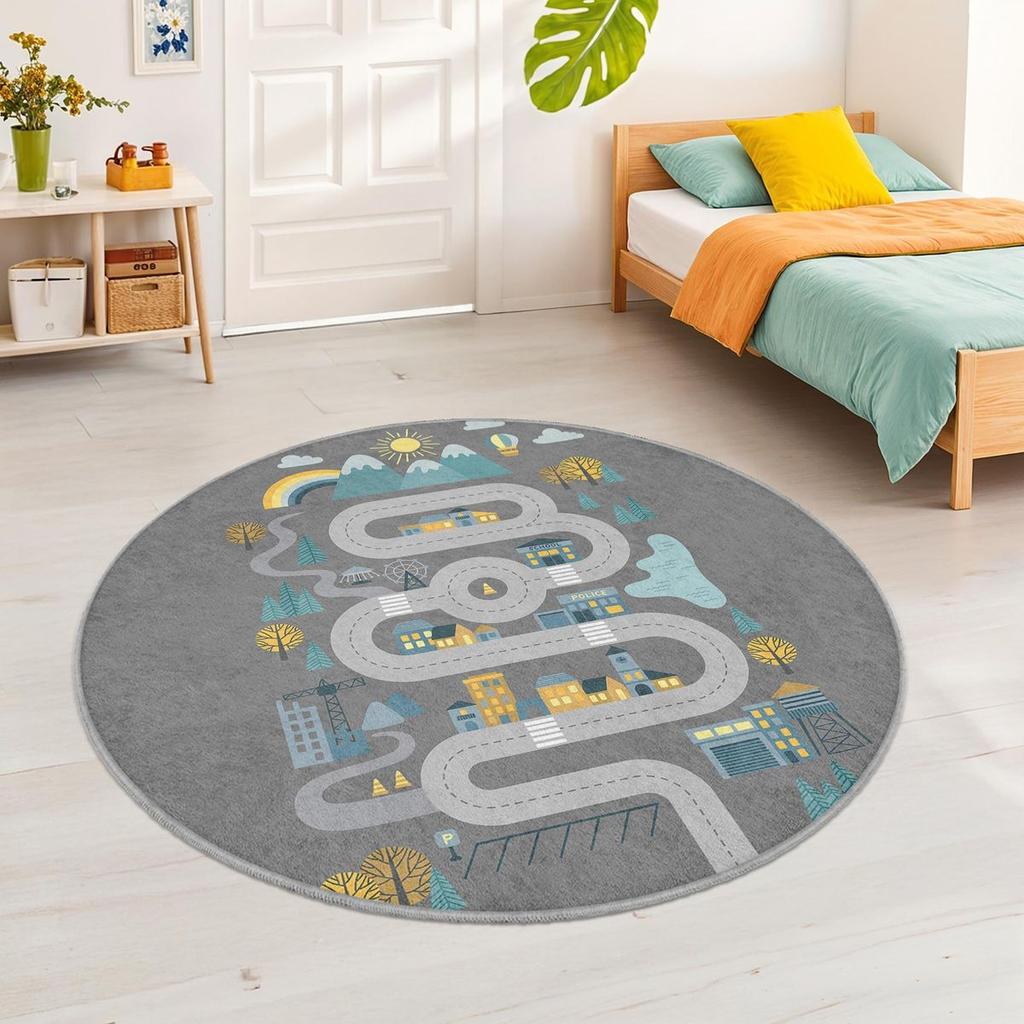 Round Kids Carpet With Cartoon Map Road Track Hot Air Balloon Airplane Car Other Patterns NonSlip Mat For Kids’ Room Home Decor