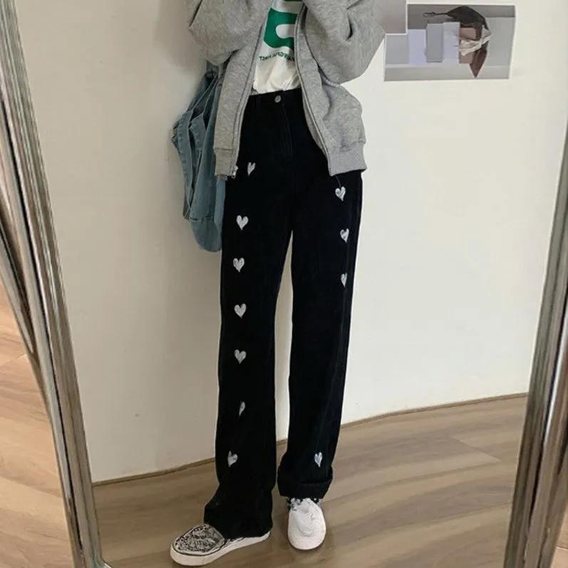 

Женские длинные джинсы большого размера с принтом, женские повседневные широкие брюки с высокой талией, свободные универсальные прямые брюки в уличном стиле XXL чёрный