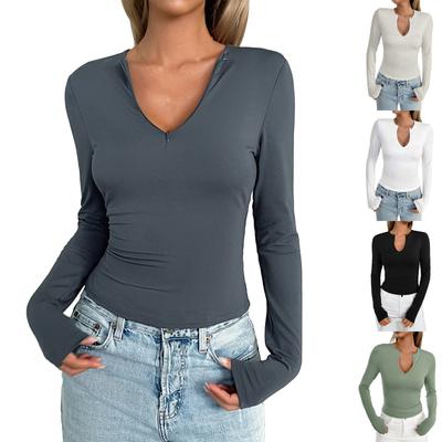 Dámská ležérní móda Pohodlná ležérní top s výstřihem do V s dlouhým rukávem slim fit
