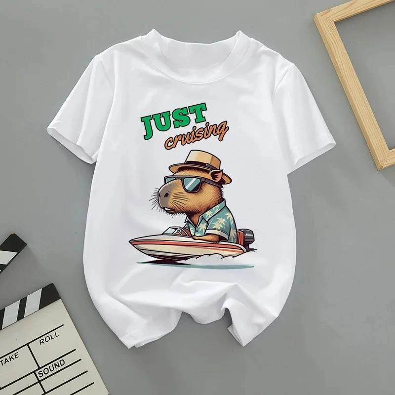 

Summer Cute Capybara Print Children T-shirt Short-sleeved Fashion Boys and Girls Round-neck Baby Kid Tshirt Trend 2XL 120130cm