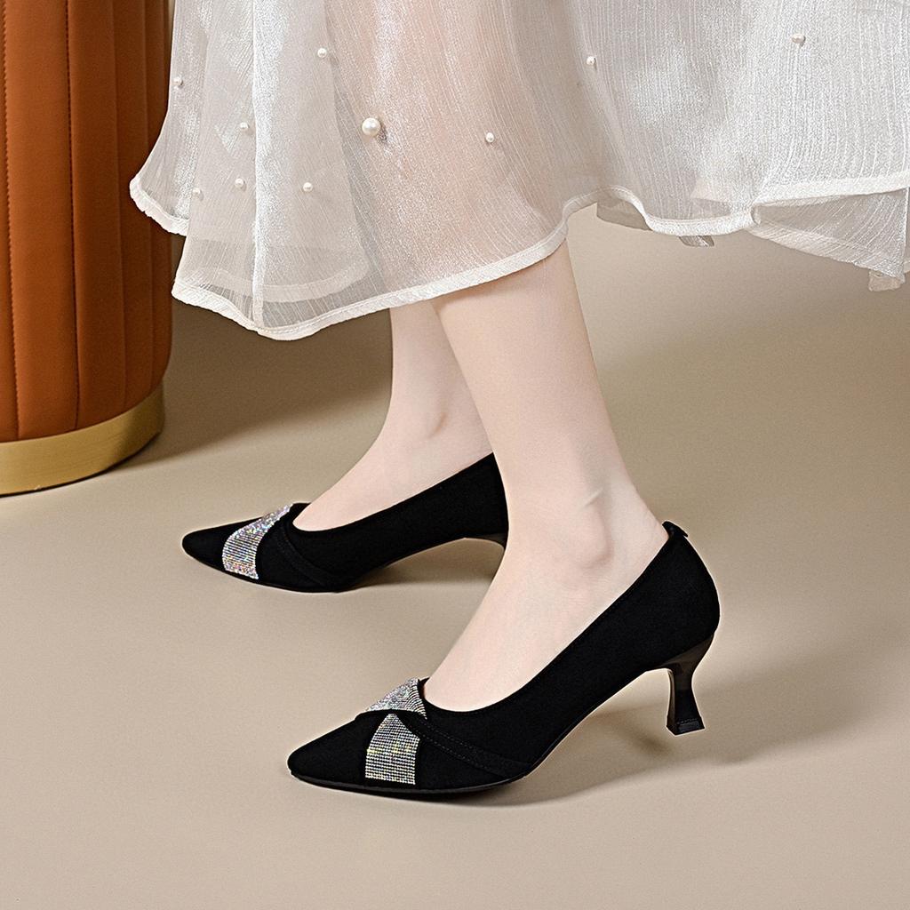 Pointed High Heels Women's Spring and Summer New Black Rhinestone Stiletto Single Shoes One Pedal Simple Temperament Work Shoes