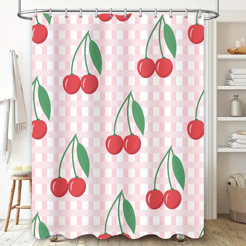 Fruit Shower Curtain Red Cherries Gingham Check Pattern for Bathroom Decor