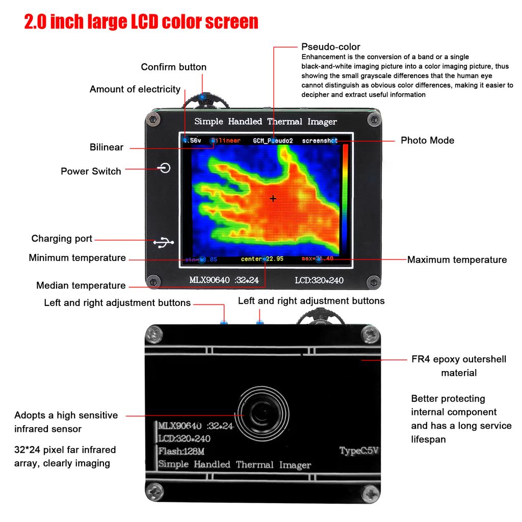 Thermal Imager Simple Handheld 2.0 Inch LCD Color Screen 240*320 Resolution Thermal Imager for Automotive Parts Temperature Detection