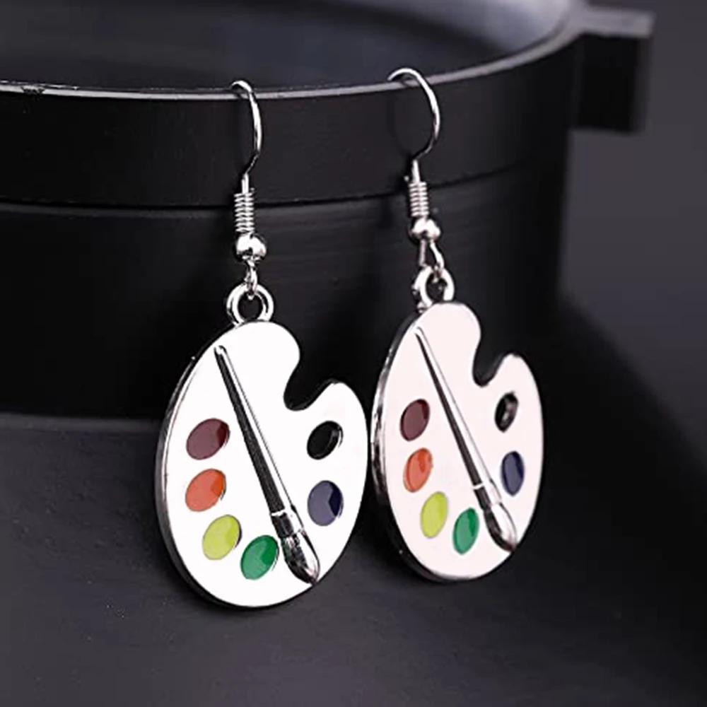 

Huitan Fashion Palette Shape Women Drop Earring Brushes and Five-color Paints Personality Girl Earring Unique Gift for Painter