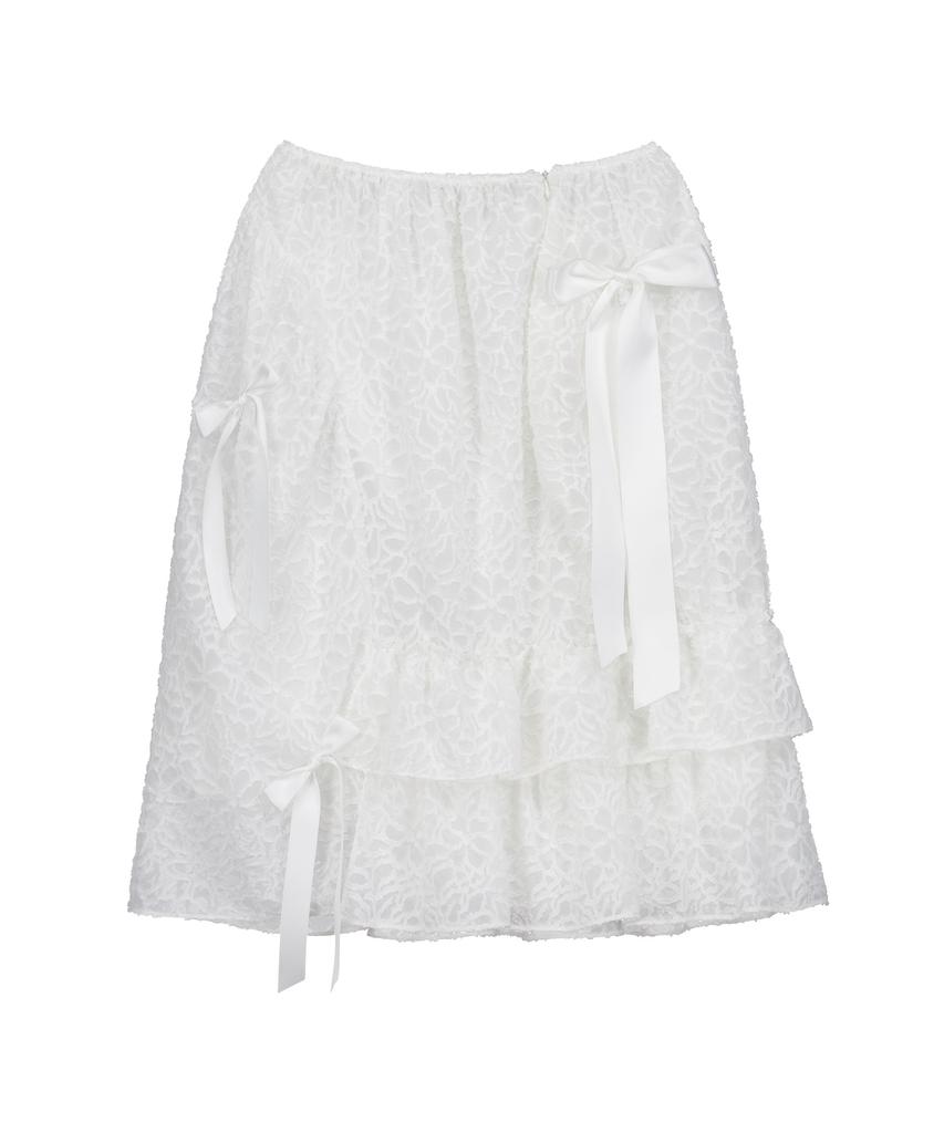 Sennyu Floral Sheer Ruffle Ribbon Skirt (White)