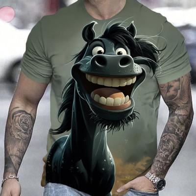 Modisches Sommer-T-Shirt für Herren, digitales 3D-Cartoon-Stil-T-Shirt mit lustigem Pferdemuster, Rundhalsausschnitt und kurzen Ärmeln, lässige Oberteile für Outdoor-Aktivitäten