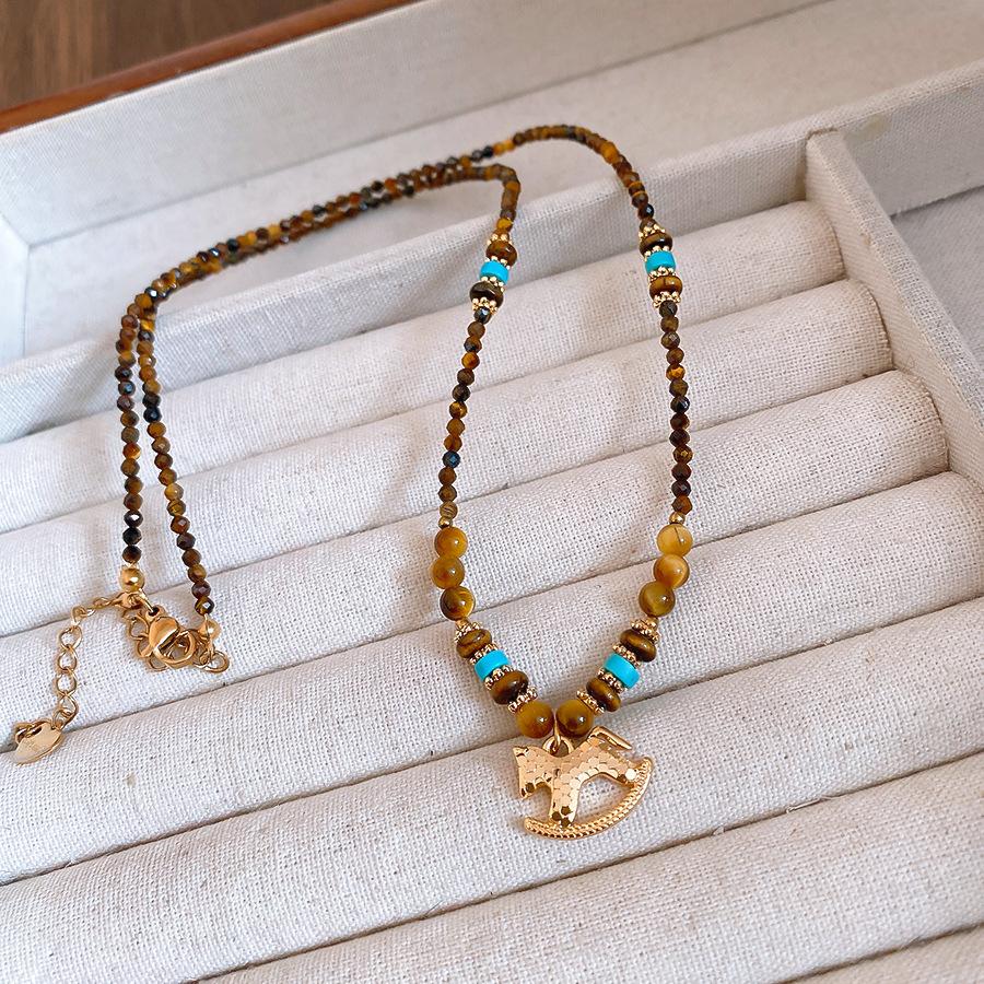 

Retro ethnic style tiger s eye stone beaded Trojan horse necklace accessories women s sweater chain necklace