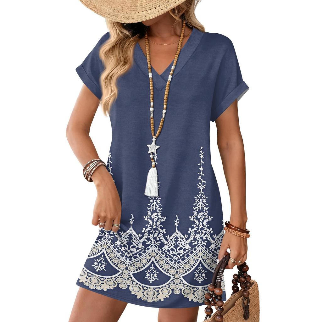 Women's Fashion Print V-Neck Short Sleeve Pocket Casual Pullover Dress