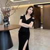Sexy Nightclub One-word Shoulder Dress KTV Night Evening Dress Long Dress Foot Bath Spa Technician Split Fork Harpoon Dress