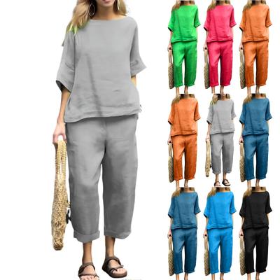 Women's Round Neck Color Casual Cotton Linen 3/4 Sleeve Top And Pants Set