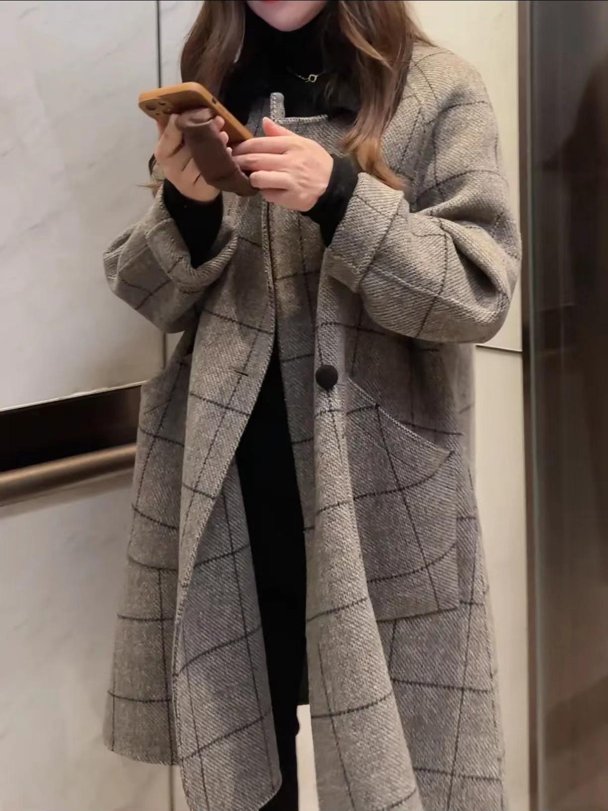 

Зимнее новое ретро клетчатое кашемировое пальто, темпераментное двустороннее шерстяное пальто M 125-70 kg