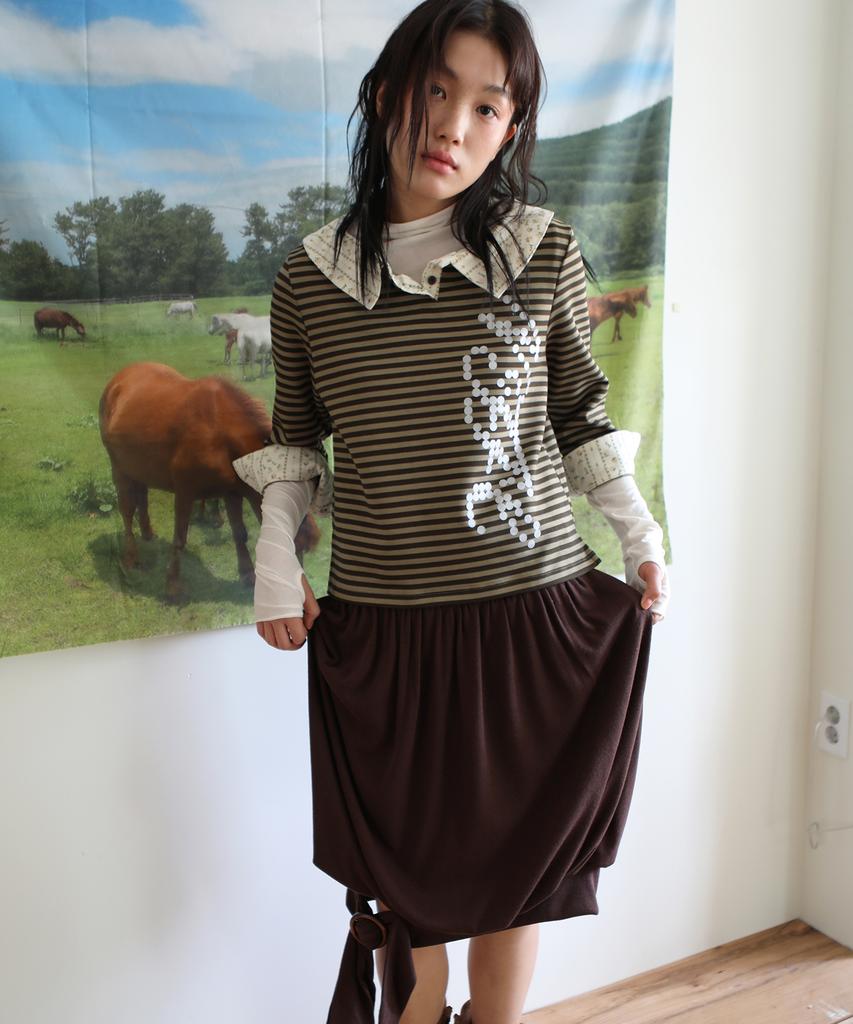 NOFFICIALNOFFICE Floral Collar Stripe Logo Top Khaki