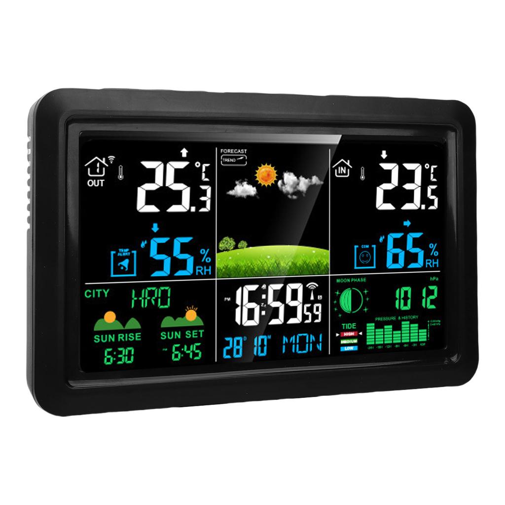 Weather Forecast Station Wireless 7.5 Inch Color Display Multi Functional Indoor Outdoor Thermometer Atomic Clock EU
